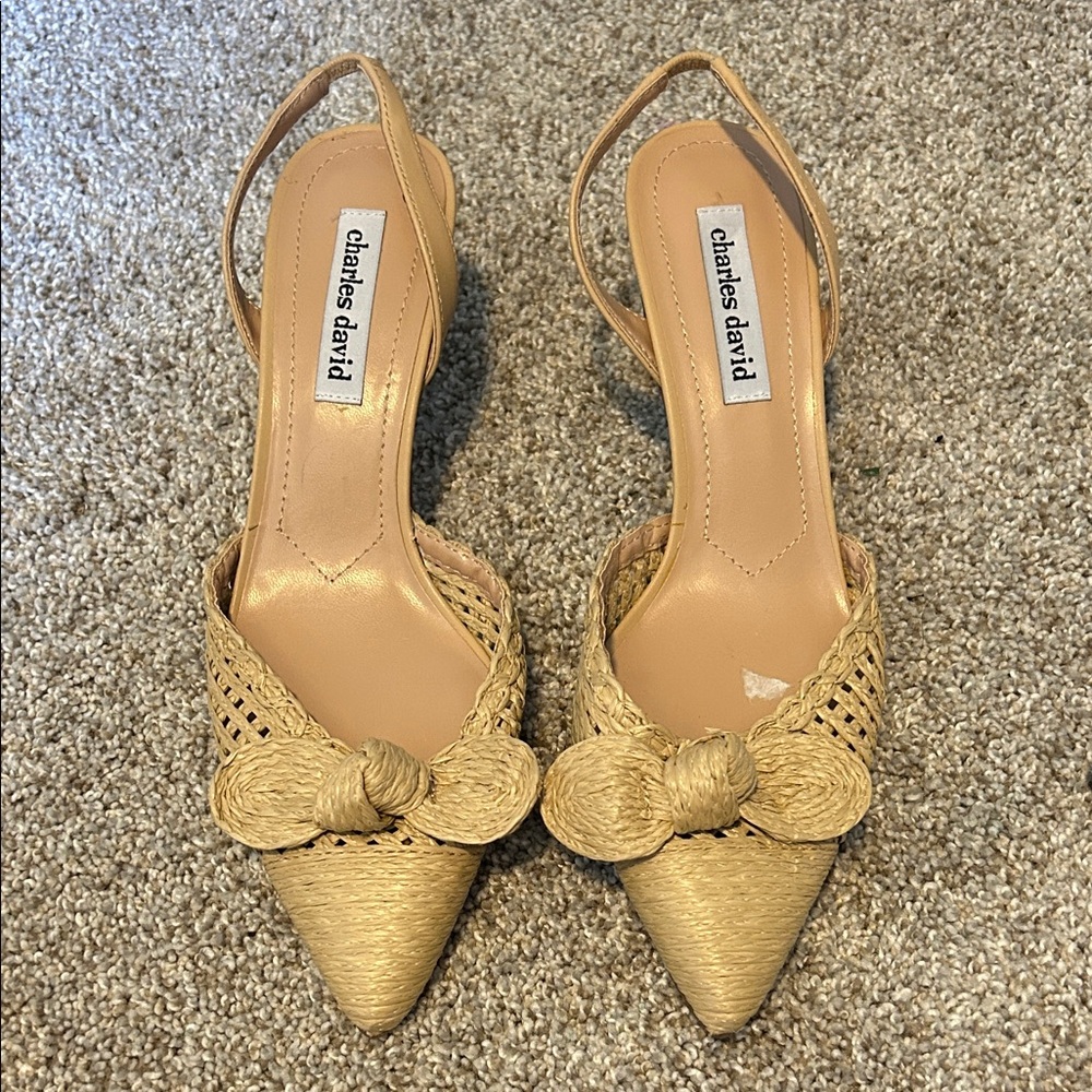 Charles David Beige Woven Slingback Kitten Heel Raffia bow 8 - Picture 2 of 12